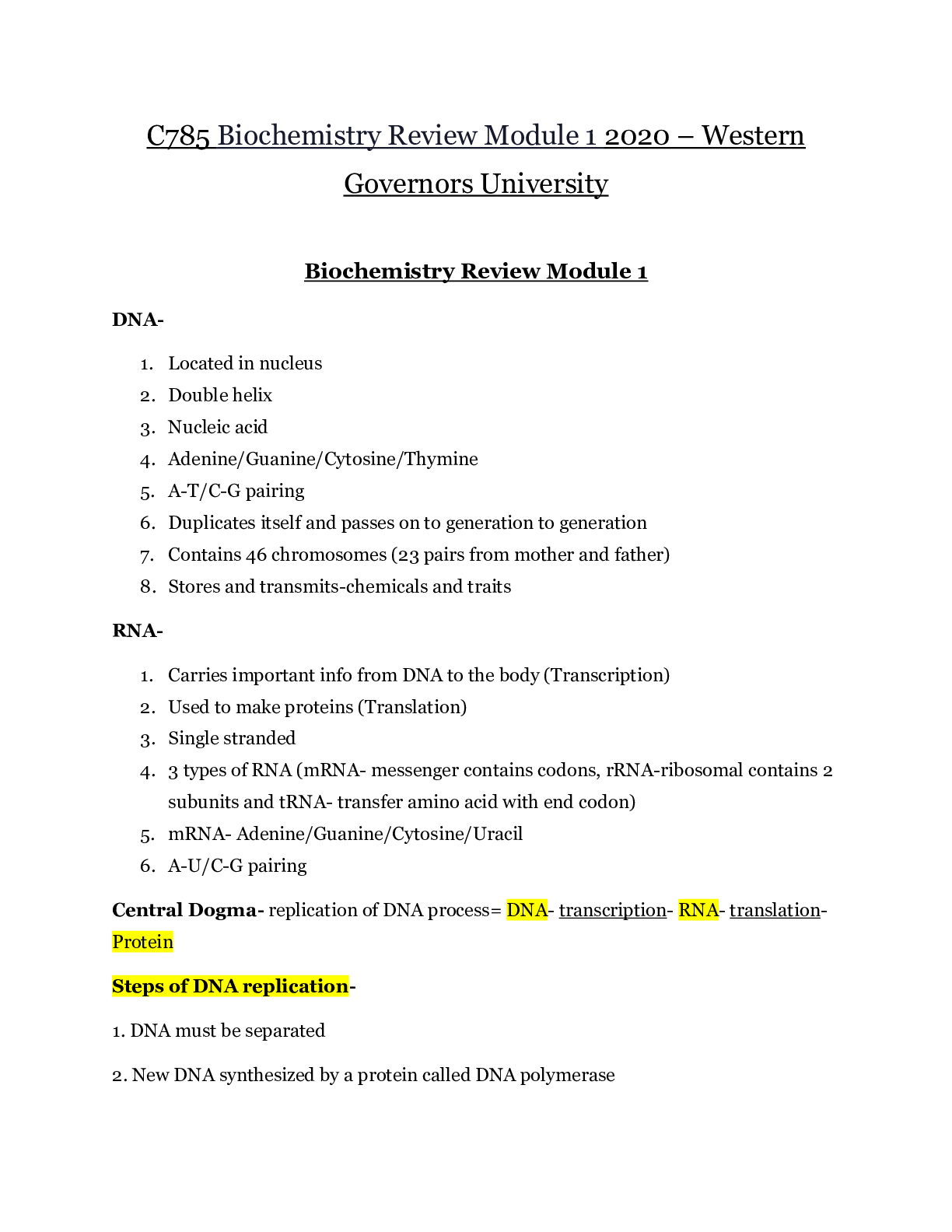 Preview image for C785 Biochemistry Review Module 1 2020 – Western Governors University | Biochemistry Review Module 1